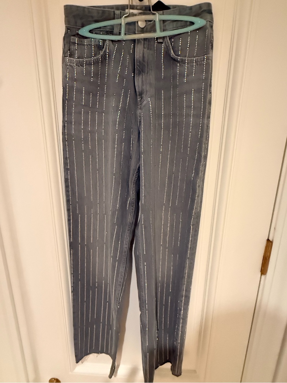 Straight Leg Jeans with Vertical Rhinestone Stripes. Extremely soft denim.